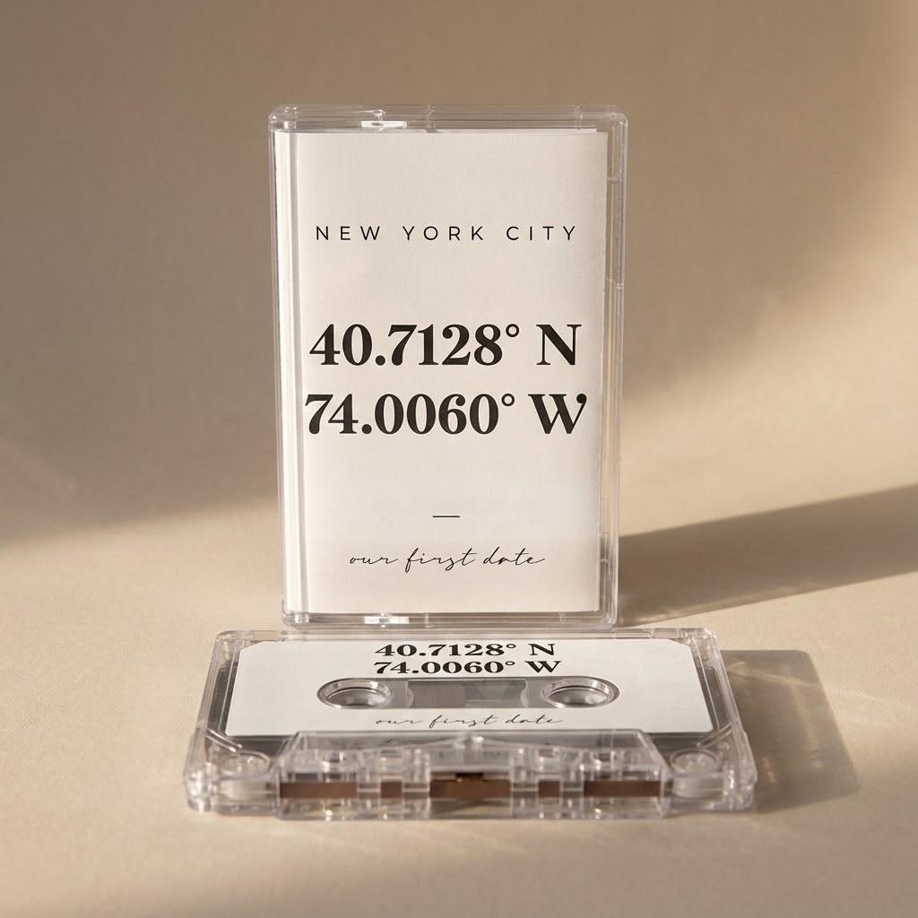 a cassette tape and a piece of paper with a coordinate reference system (CRS) printed on it, indicating the location of New York City.