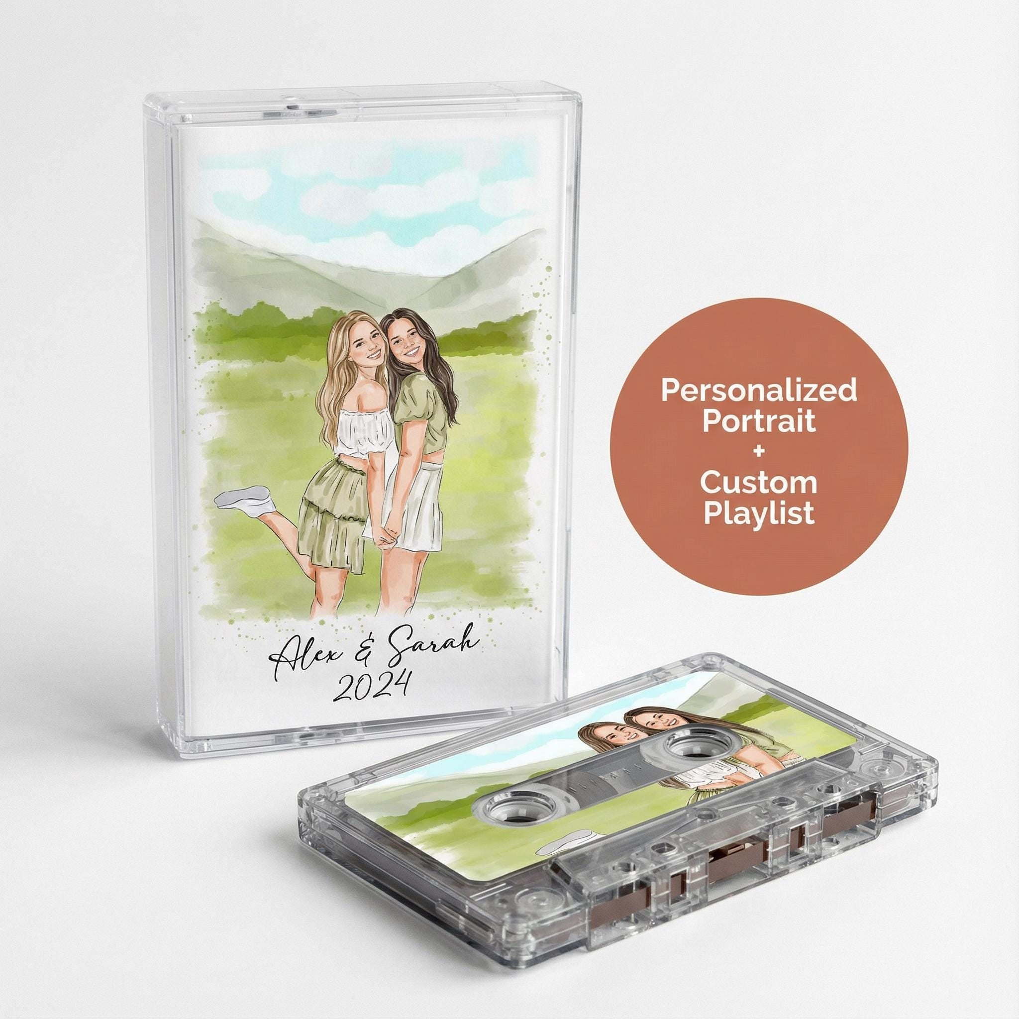 a personalized portrait of two women, Alex and Sarah, along with a custom playlist.