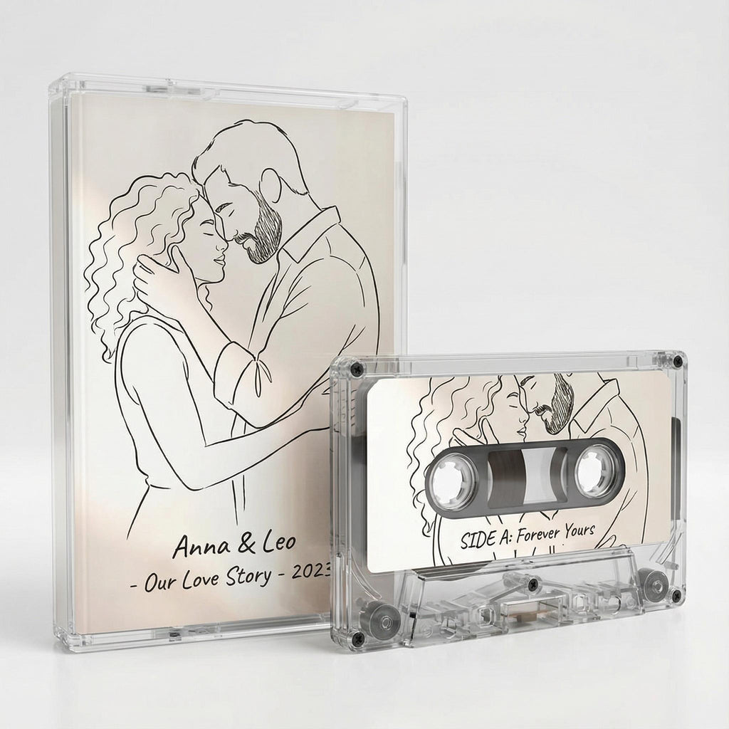 a couple embracing, with a text overlay that reads "Anna & Leo - Our Love Story - 2020" on the front of the cassette case.