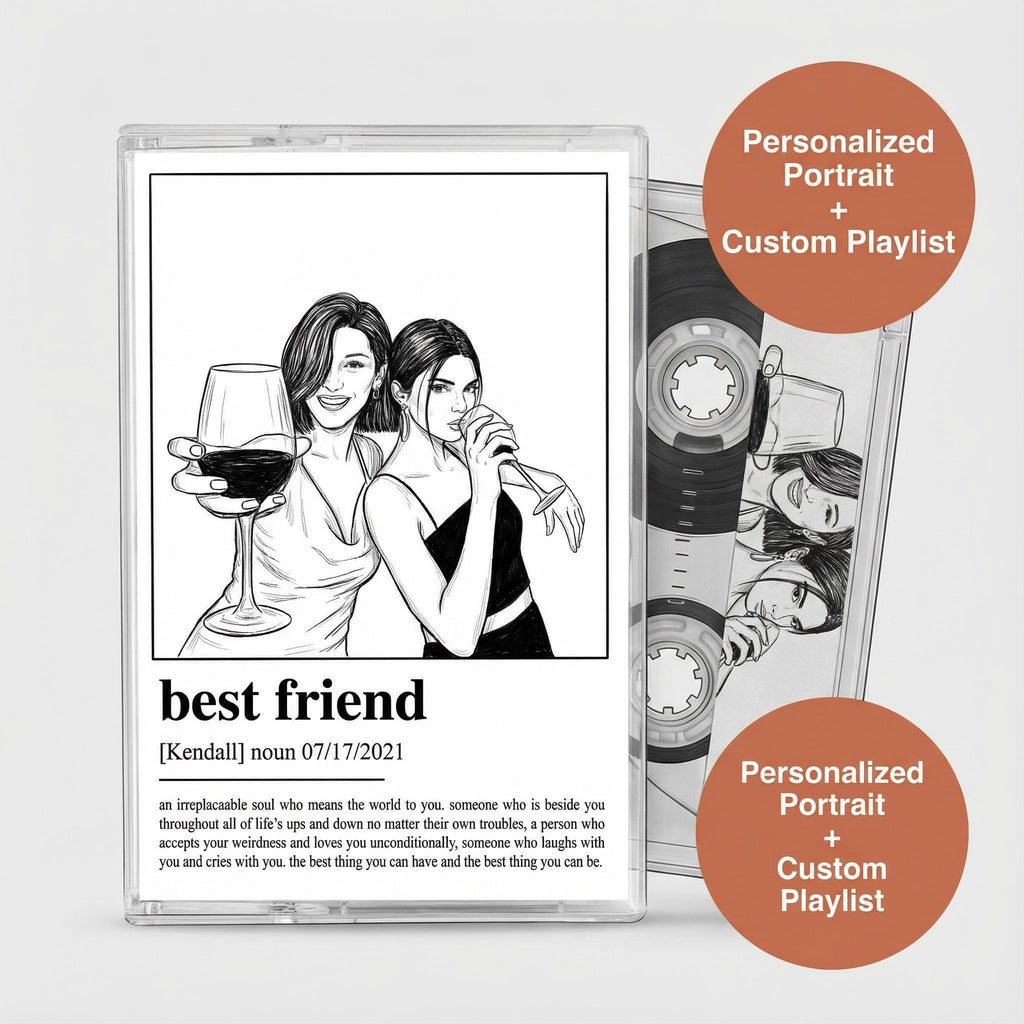 The image is a black and white illustration of two women enjoying drinks together, with one woman holding a wine glass. The text below the illustration provides a definition of "best friend" and includes a description of what makes a "best friend".