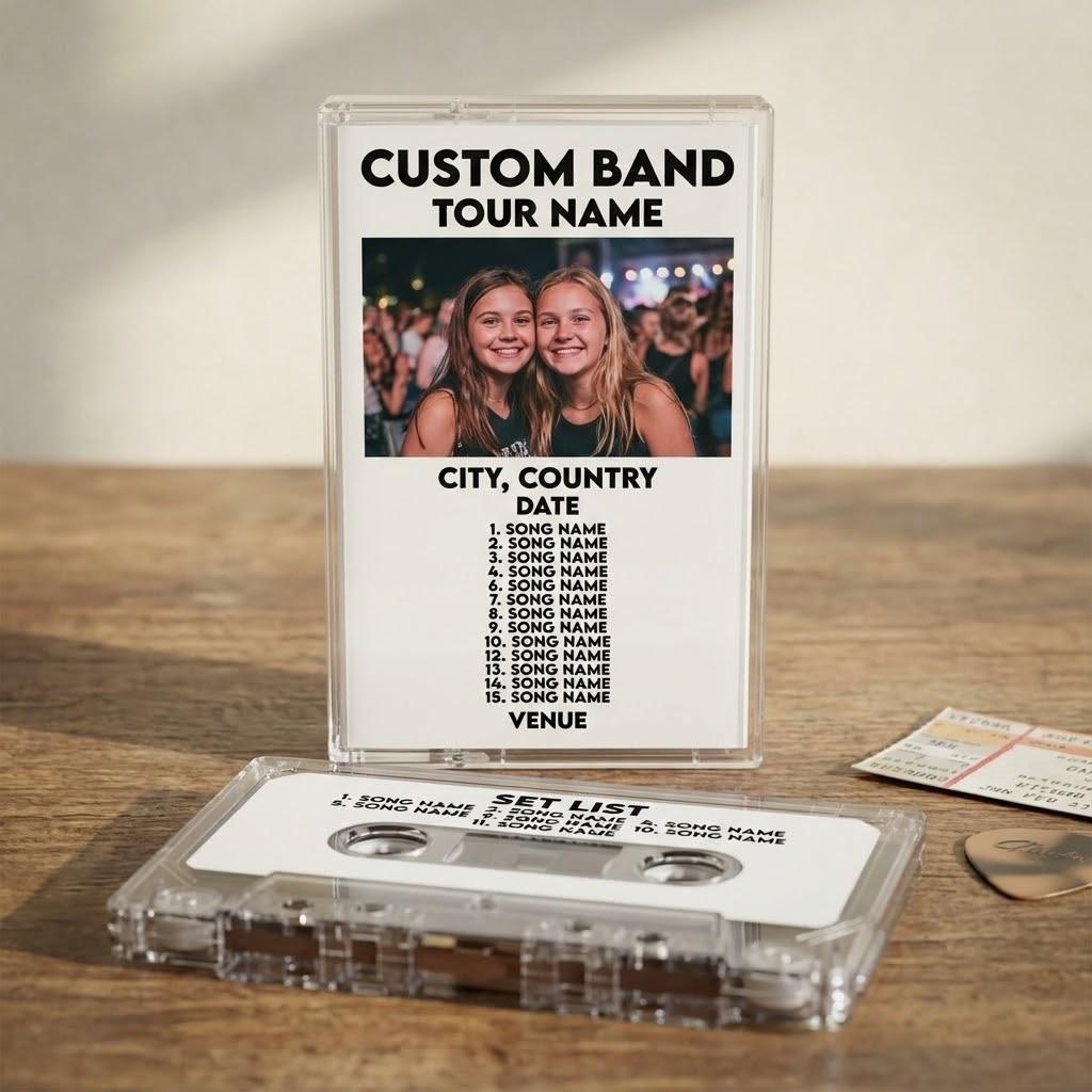 a CD case with a photo of two smiling women, along with a list of song names and a venue, suggesting it is a custom band tour CD.