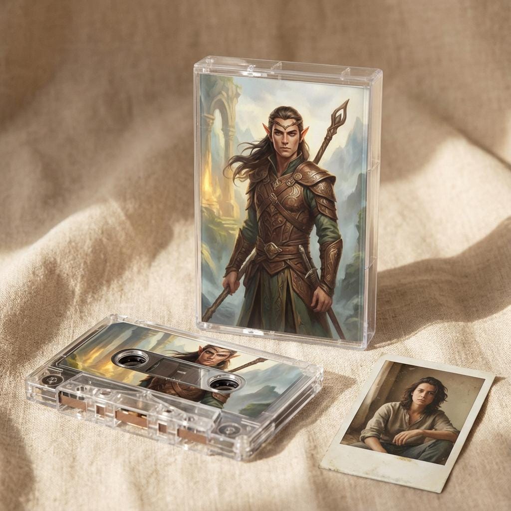 a cassette case with a painting of a man with long hair and a staff, and a photograph of a man sitting on a bench.