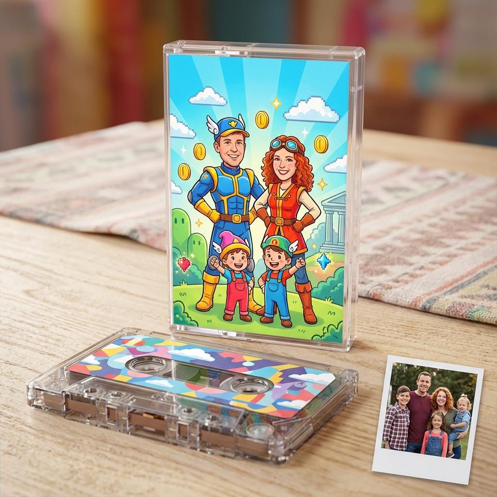 a colorful CD case with a cartoon illustration of a family, along with a cassette tape and a small family photo on a wooden surface.