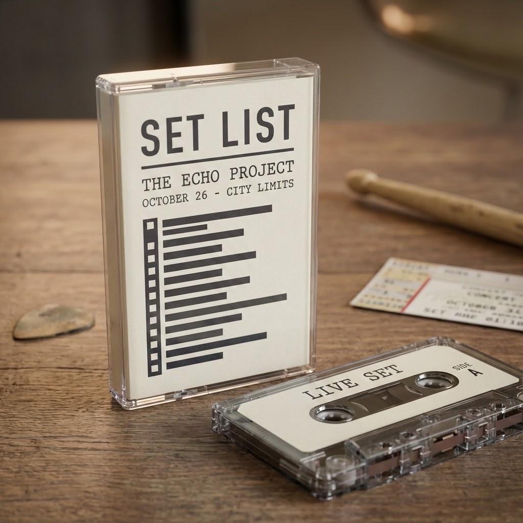 a set of cassette tapes and a wooden surface, with a clear plastic case containing the cassette tapes and a wooden object in the background.