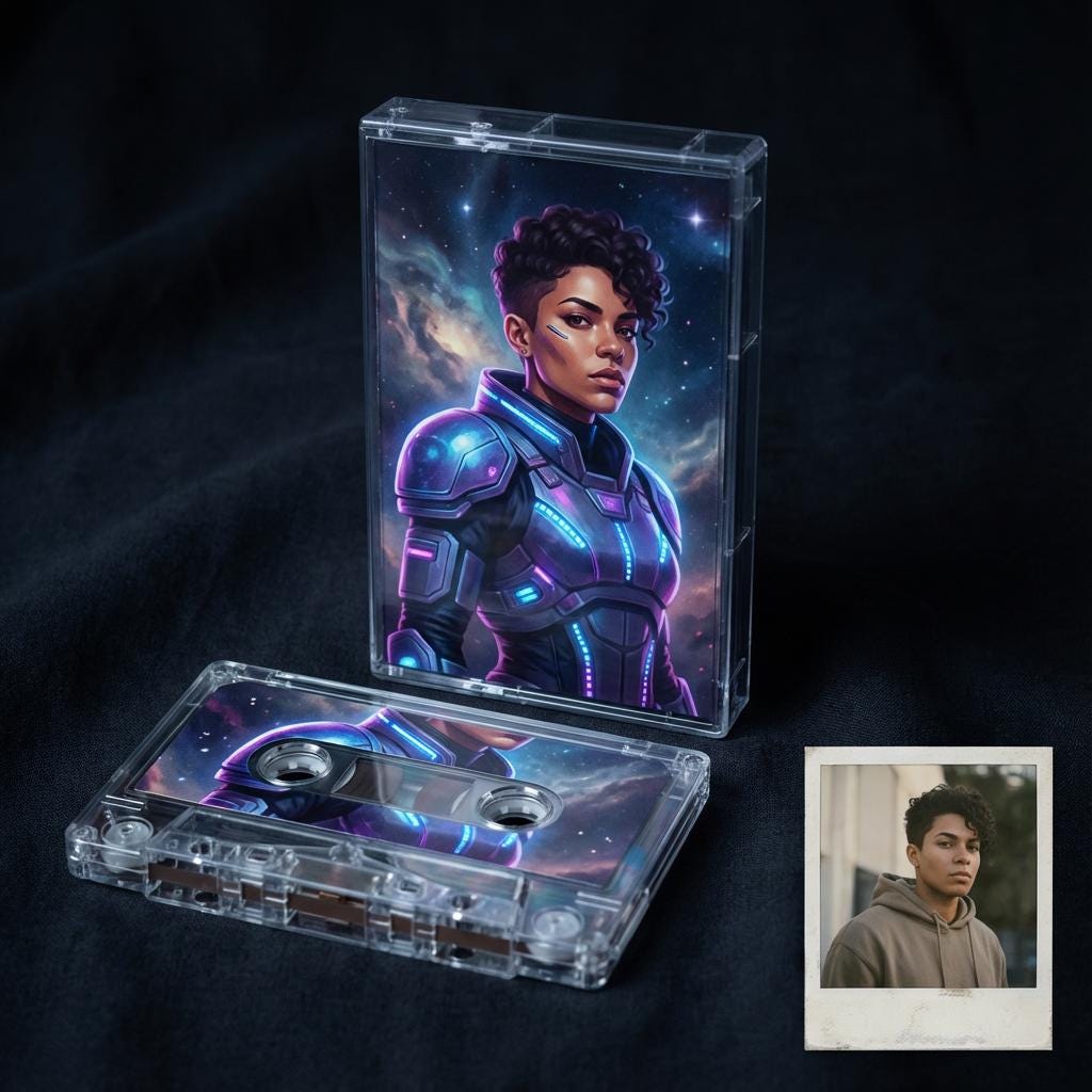 a CD case with a digital illustration of a woman in a futuristic space suit, and a cassette tape with a photograph of a young man.