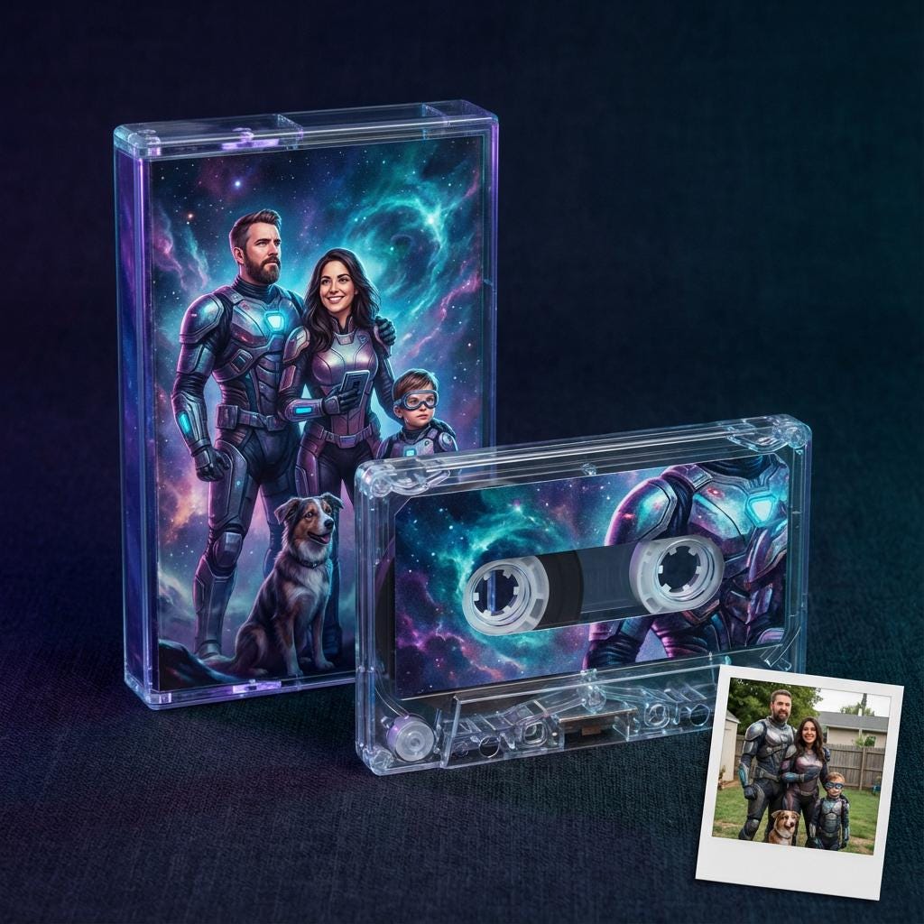 a family portrait of a man, woman, and two children, set against a cosmic background with stars and nebulae. The family appears to be enjoying a moment together, with the man and woman standing in the center and the children on either side. The image also includes a cassette tape and a Polaroid photo, suggesting that the family portrait is part of a larger collection or presentation.