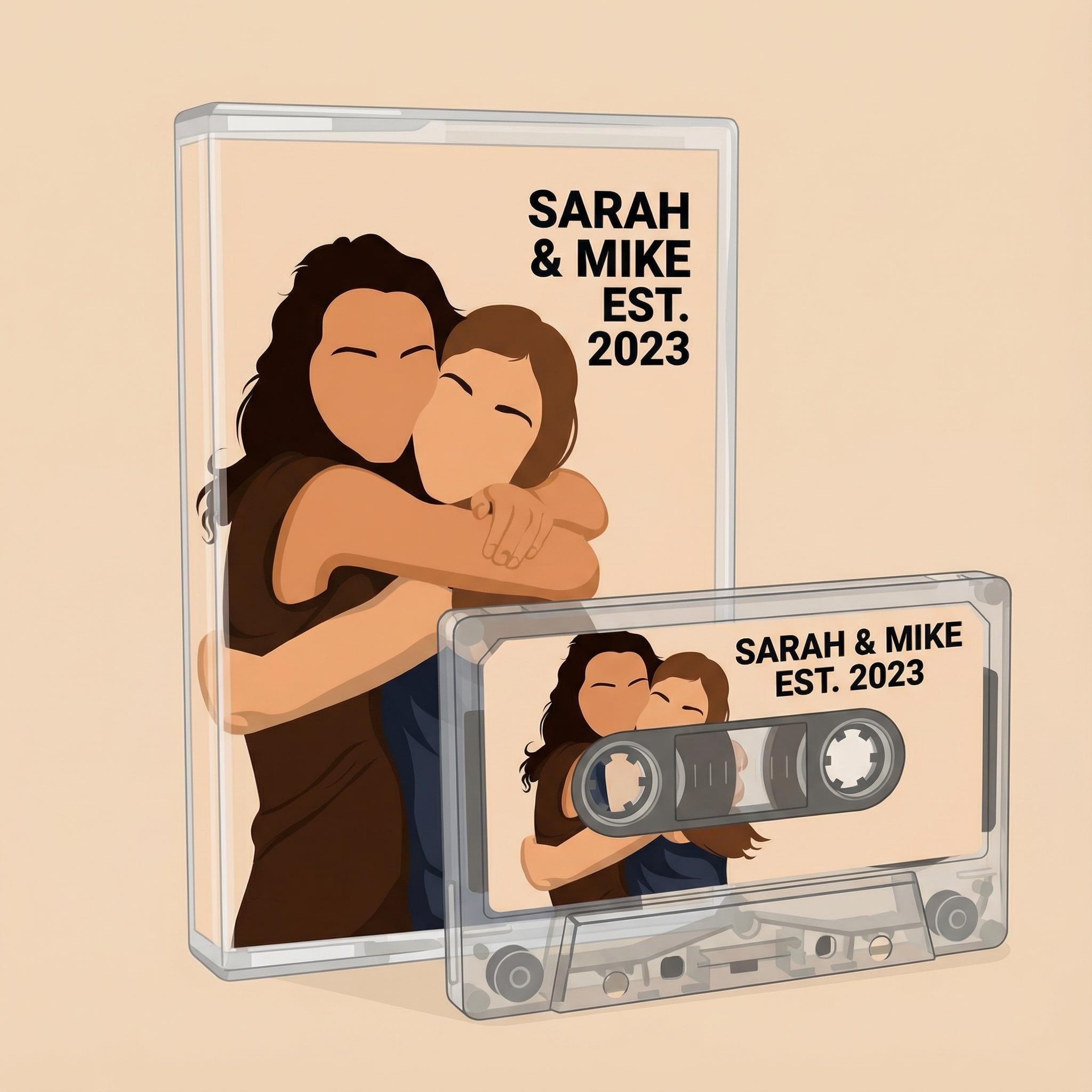 a couple embracing, with a cassette tape labeled "SARAH & MIKE EST. 2023" placed on top of the cassette.