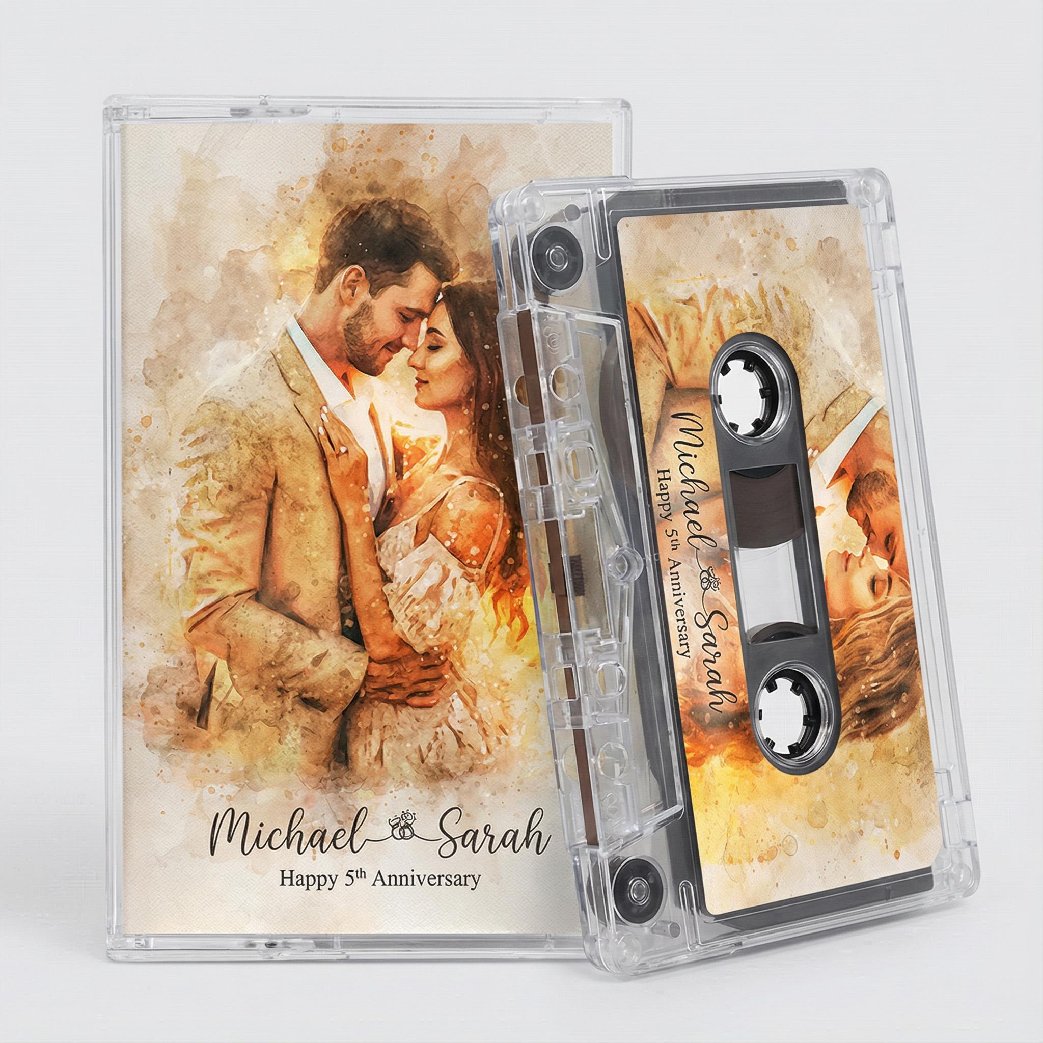 a couple embracing, with a watercolor-style painting of them in a romantic pose. The text on the image reads "Michael & Sarah Happy 5th Anniversary".