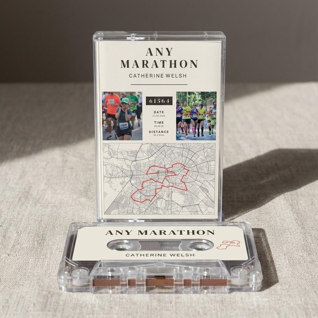a CD case for "Any Marathon" by Catherine Welsh, with a map and a photo of runners.