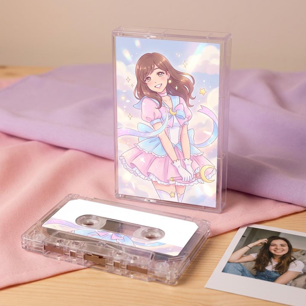 a cassette tape and a photo of a young woman, both placed on a pink fabric.