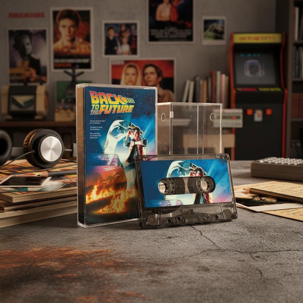 a collection of items related to the movie "Back to the Future", including a CD case, a cassette tape, and a retro arcade game.