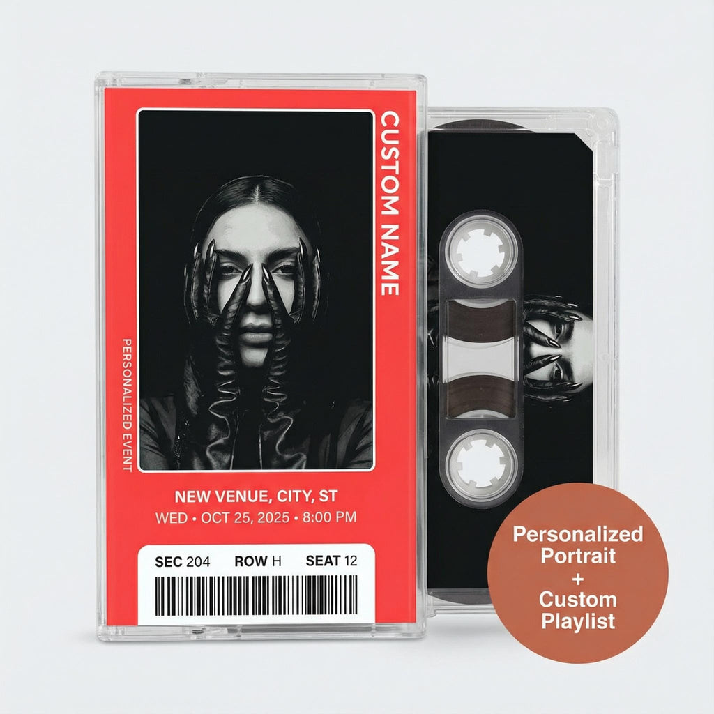 a red and black label for a music event, with a portrait of a person and some text.