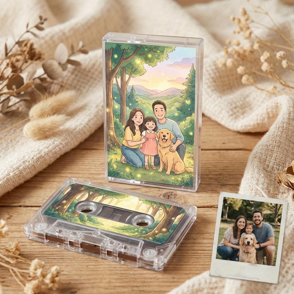 a family portrait of a man, woman, and child, along with a cassette tape and a Polaroid photo of the same family.