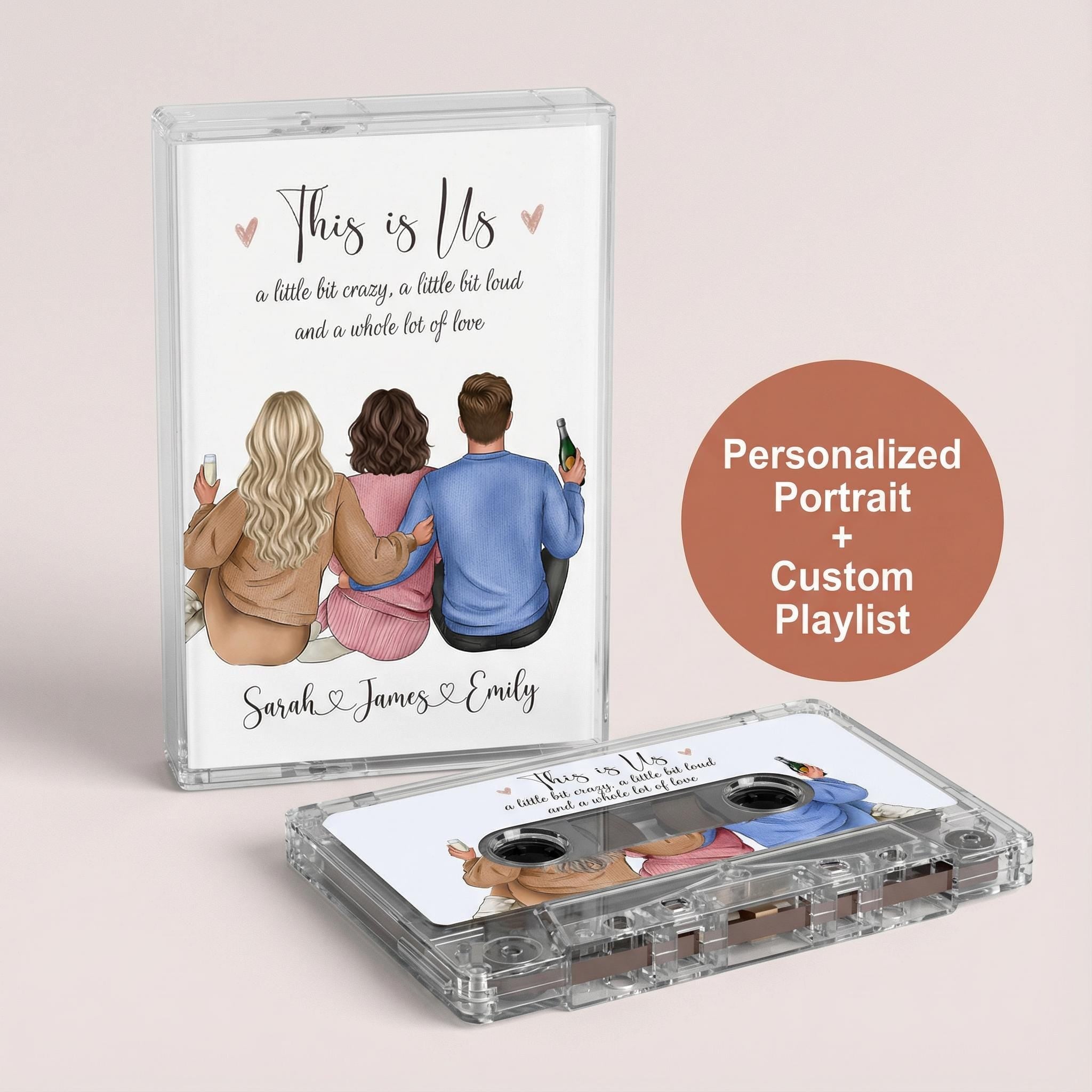 a personalized portrait of three friends, along with a cassette tape labeled "This is Us" and a personalized portrait plus custom playlist.