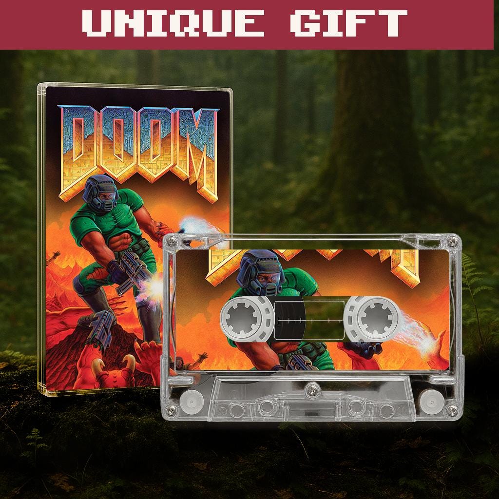 a CD case for the video game "Doom" with a cassette tape attached to it, set against a forest background.