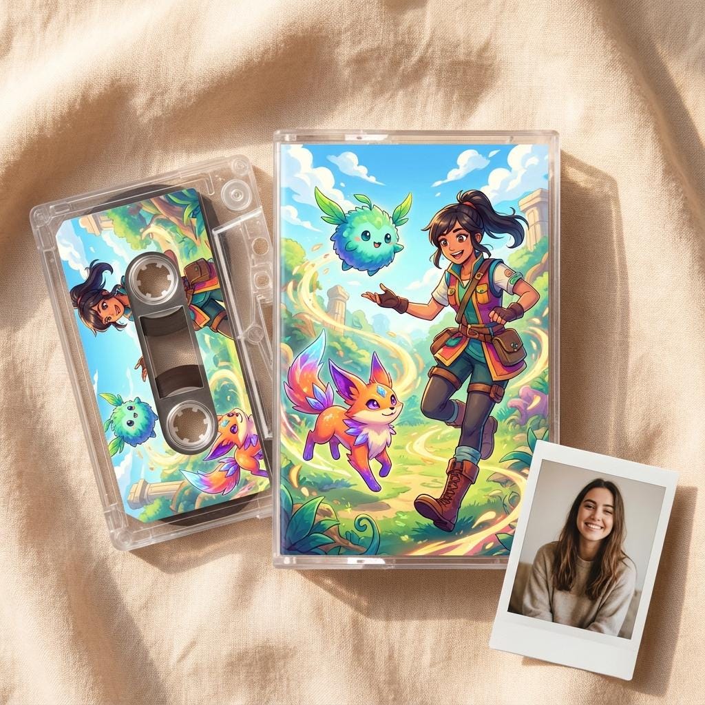 a girl with a dog, a cassette tape, and a Polaroid photo.