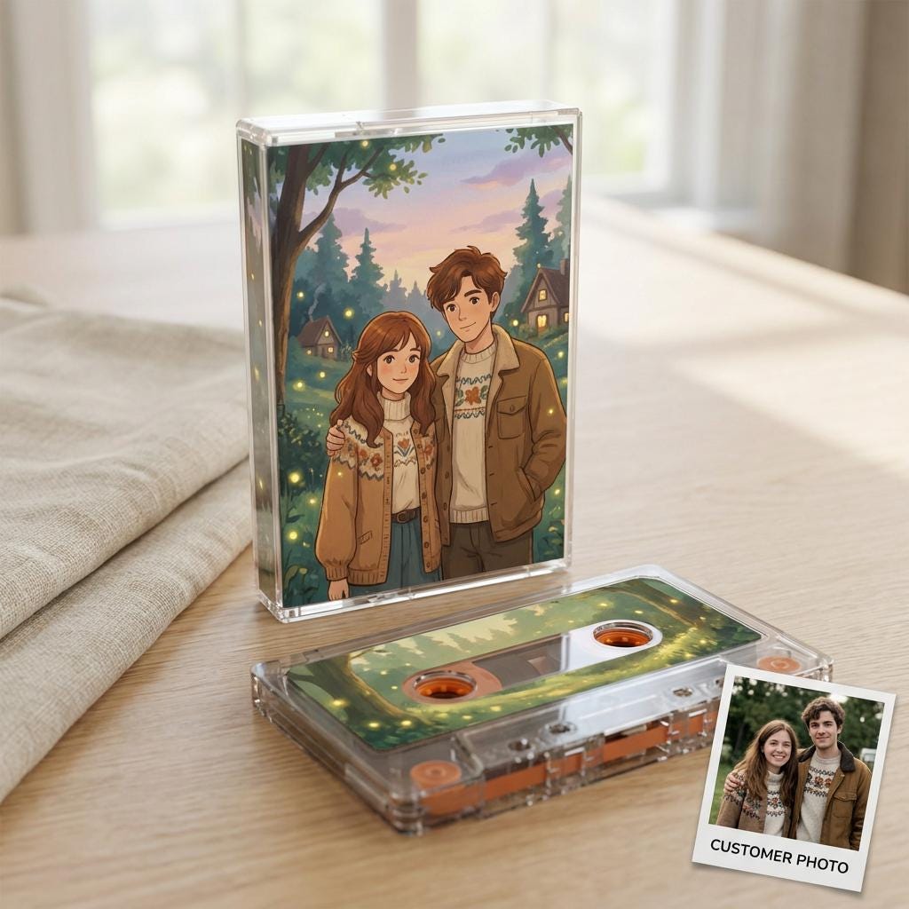 a CD case with an illustration of a couple, a cassette tape, and a customer photo.