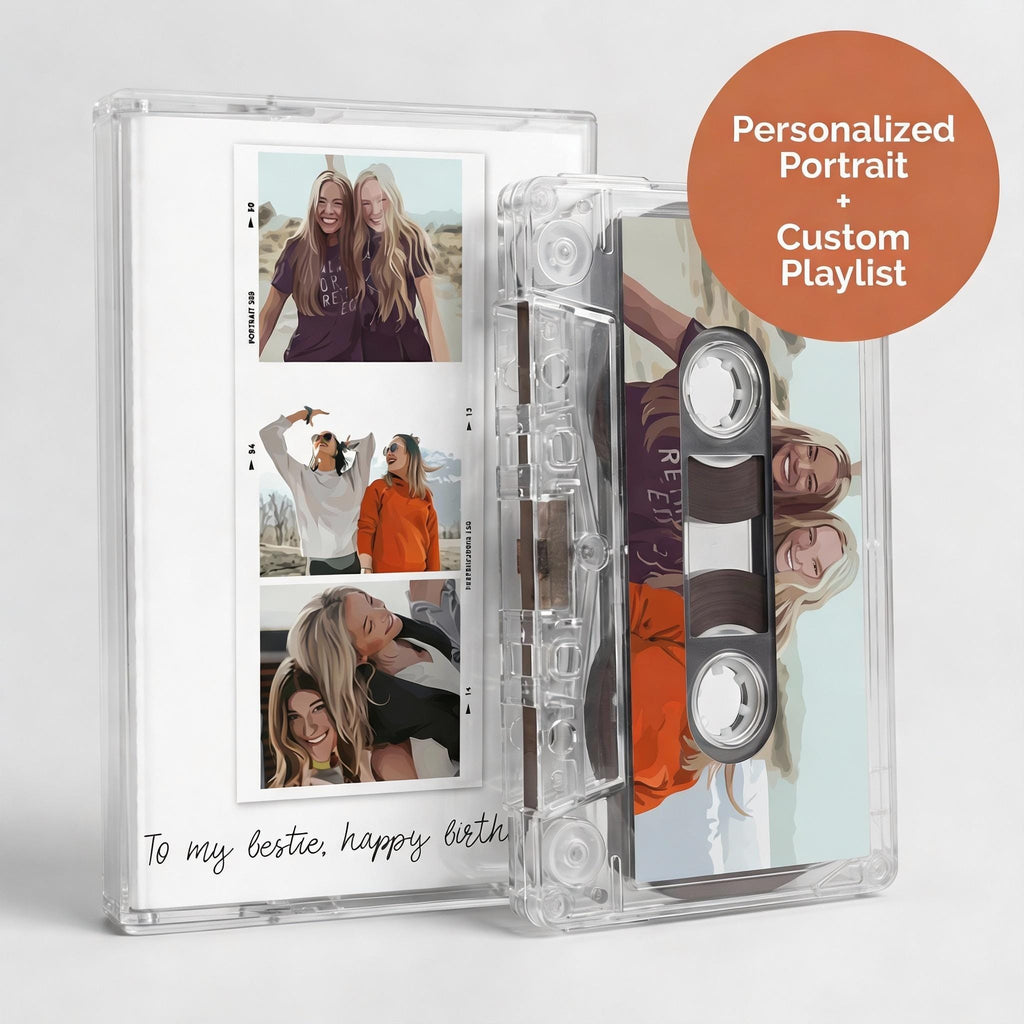 The image is a personalized portrait album featuring a collage of photos of two smiling women. The album is labeled as a custom playlist, and there is a message that reads "To my bestie, happy birthday".