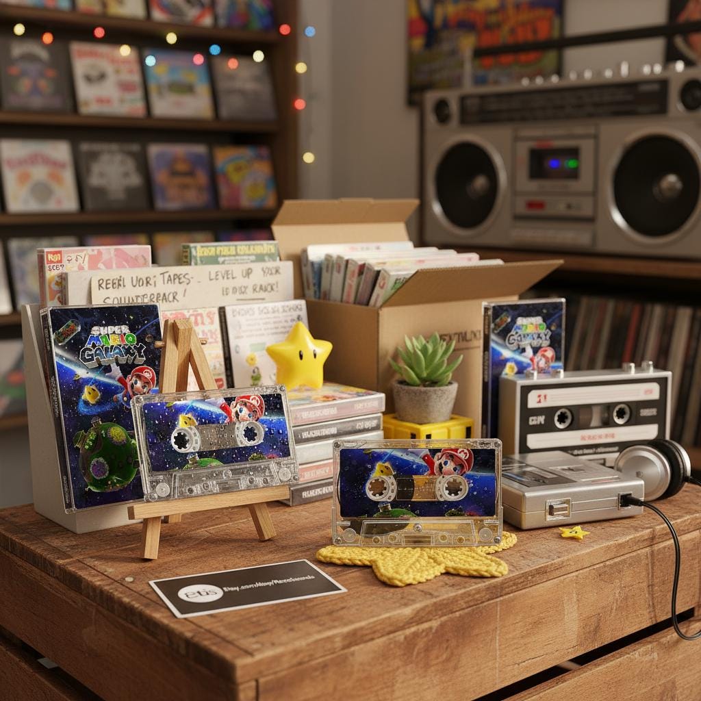 a collection of video game-related items, including a box of Nintendo GameCube games, a CD player, and a wooden table displaying various video game cases and accessories.