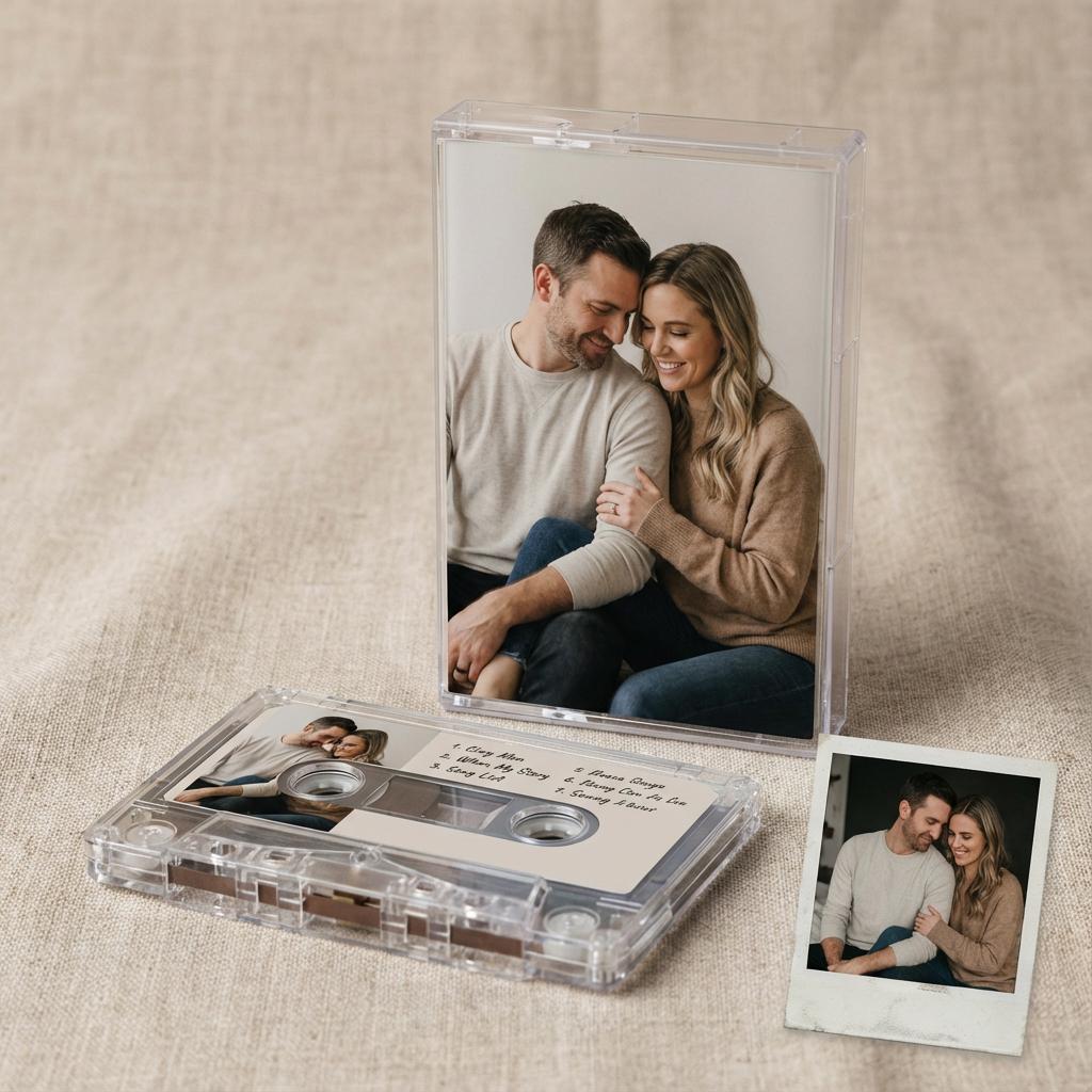 a couple sitting together, with a cassette tape and a Polaroid photo of the couple placed next to it.