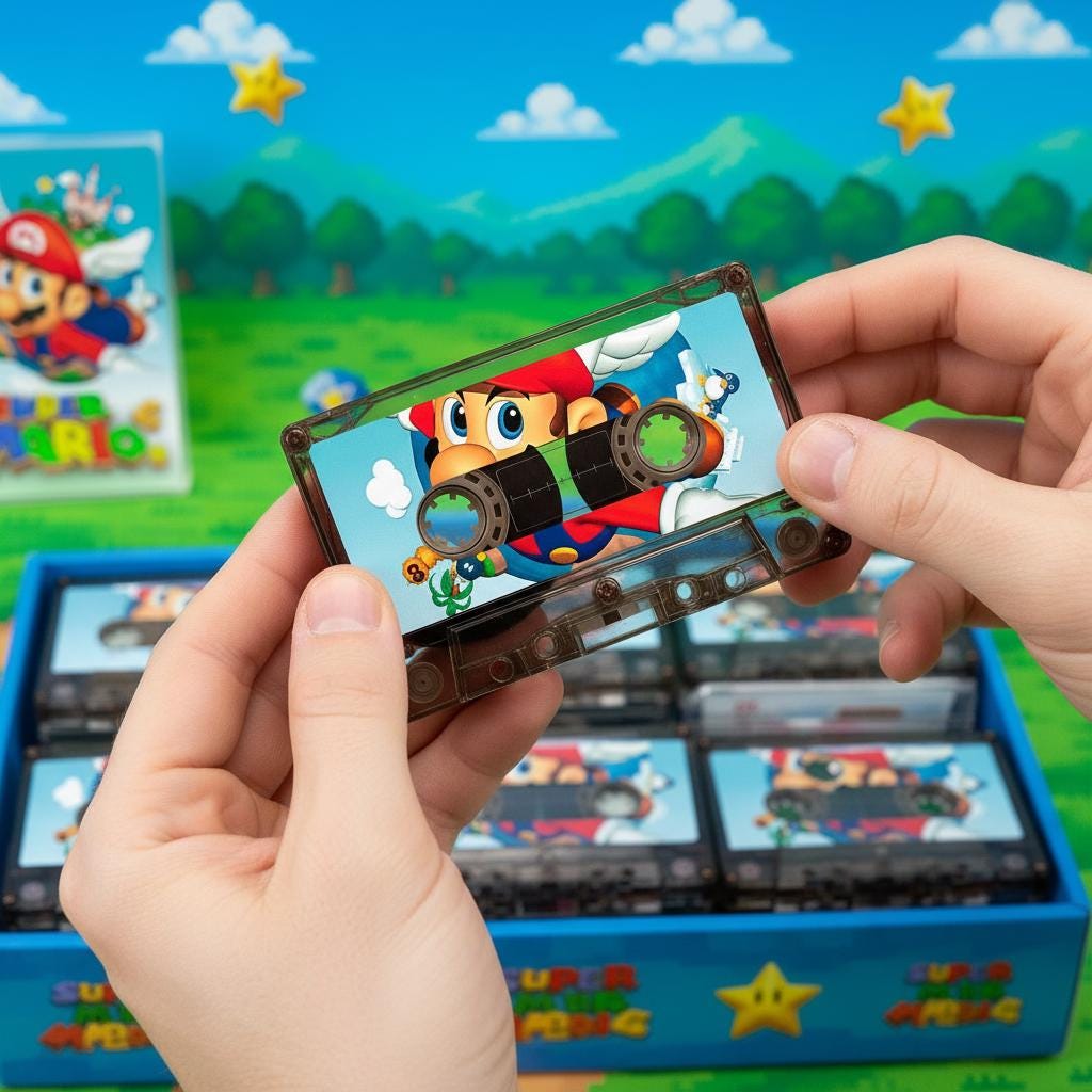 A person's hands holding a cassette tape featuring a character from the Super Mario video game franchise, with a background of the game's iconic landscape.