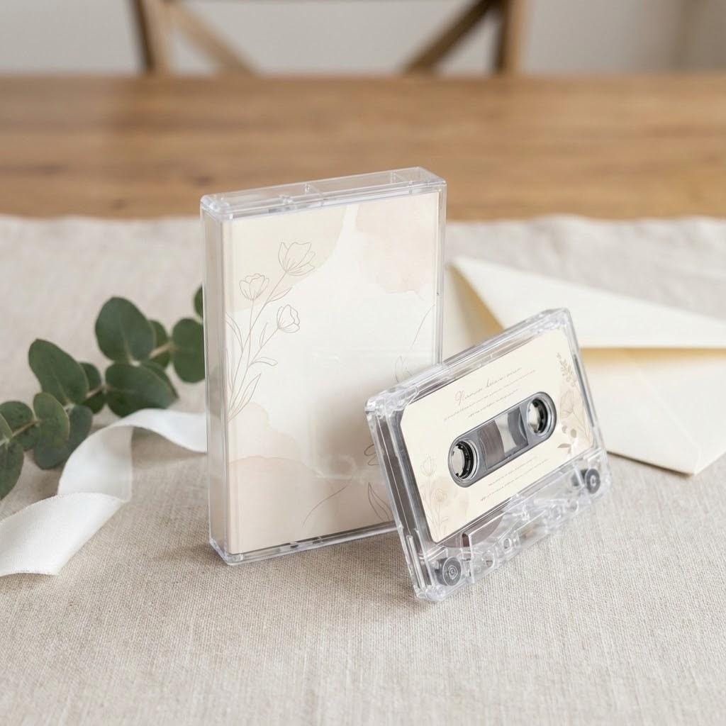 a clear CD case with a floral design, a cassette tape, and some greenery on a wooden surface.