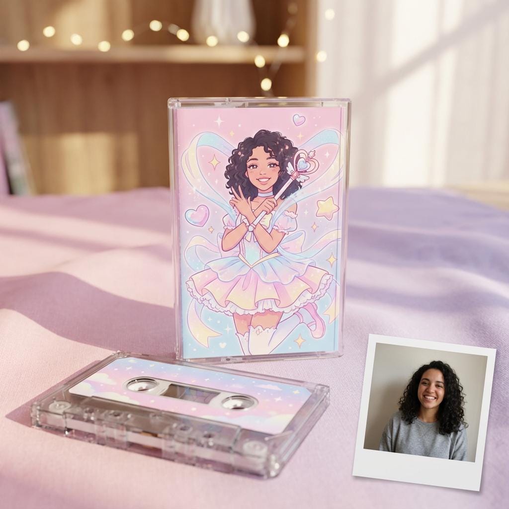 a pink and blue album cover with a cartoon illustration of a young girl, along with a cassette tape and a small photo of a smiling woman.