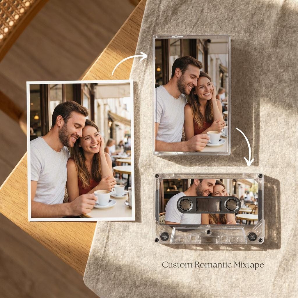 A collage of two photos featuring a couple sitting together at a table, with a cassette tape labeled "Custom Romantic Mixtape" in the foreground.