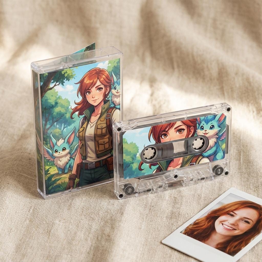a CD case with an illustration of a woman and a cat, along with a cassette tape and a photograph of a smiling woman.