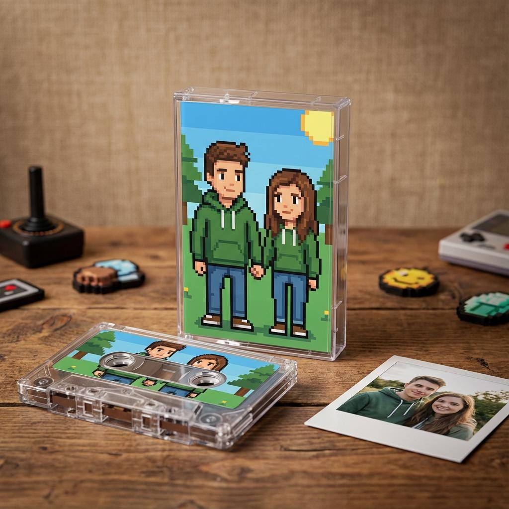 a cassette tape with a pixel art design of a man and a woman, along with a photograph of a couple, all placed on a wooden surface.