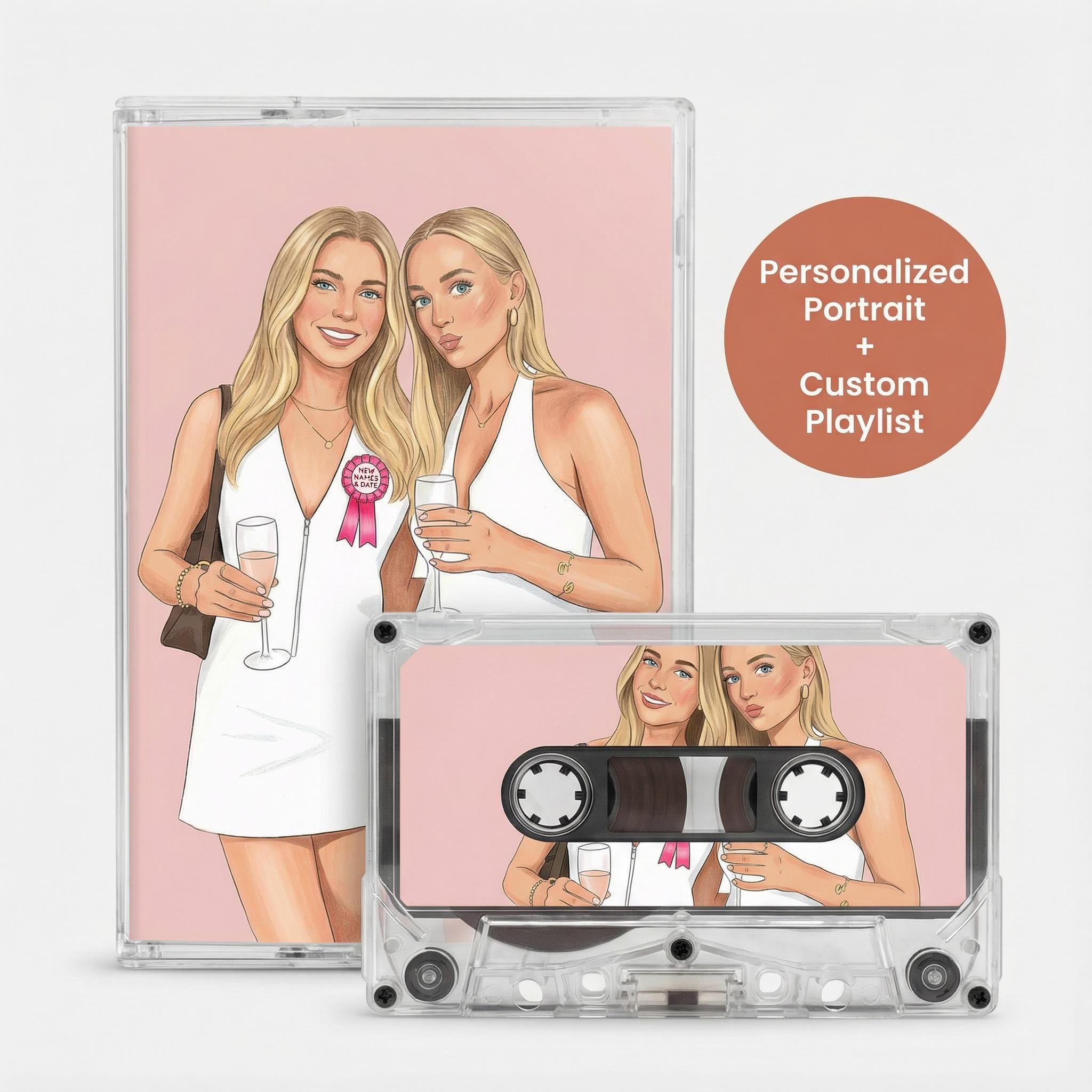 The image is a collage of two images featuring two women in white dresses, each holding a glass of wine.