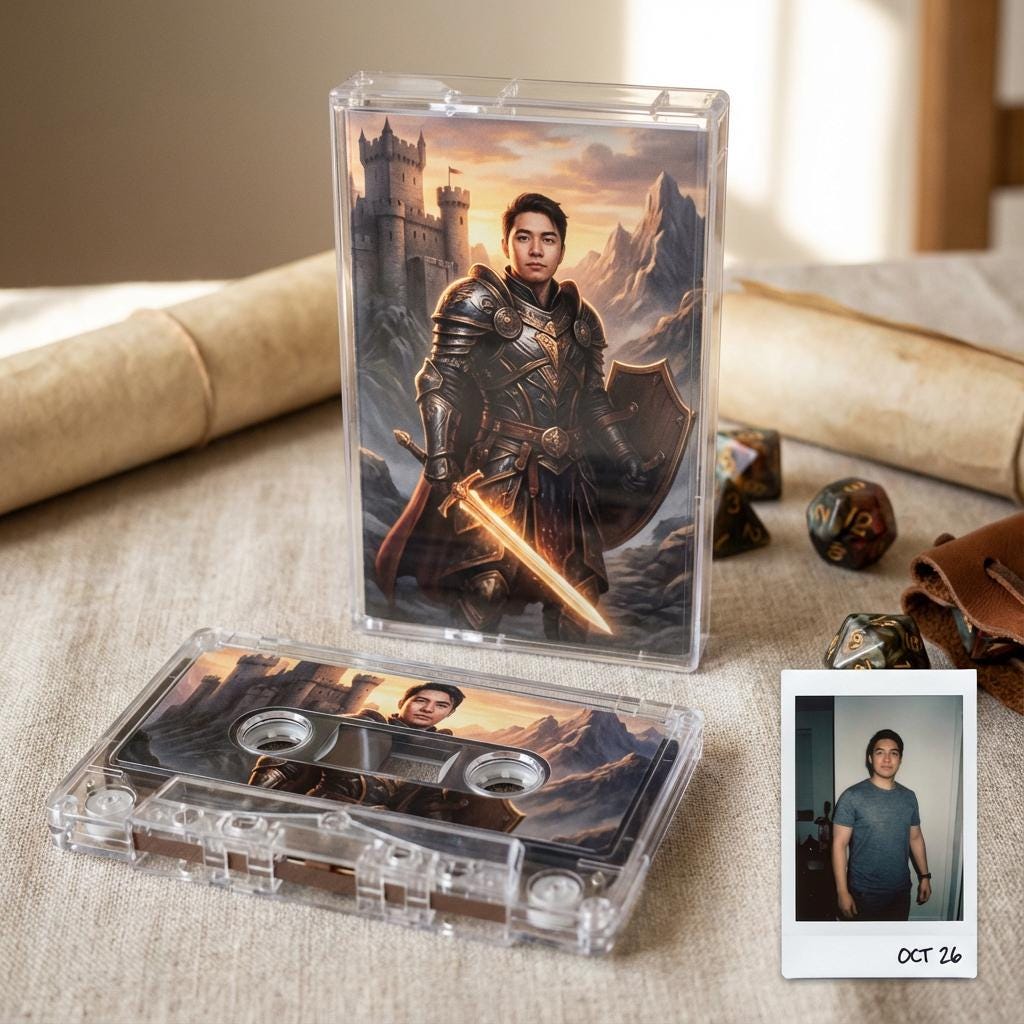 a CD case with a knight on it, along with a cassette tape and a Polaroid photo of a person.