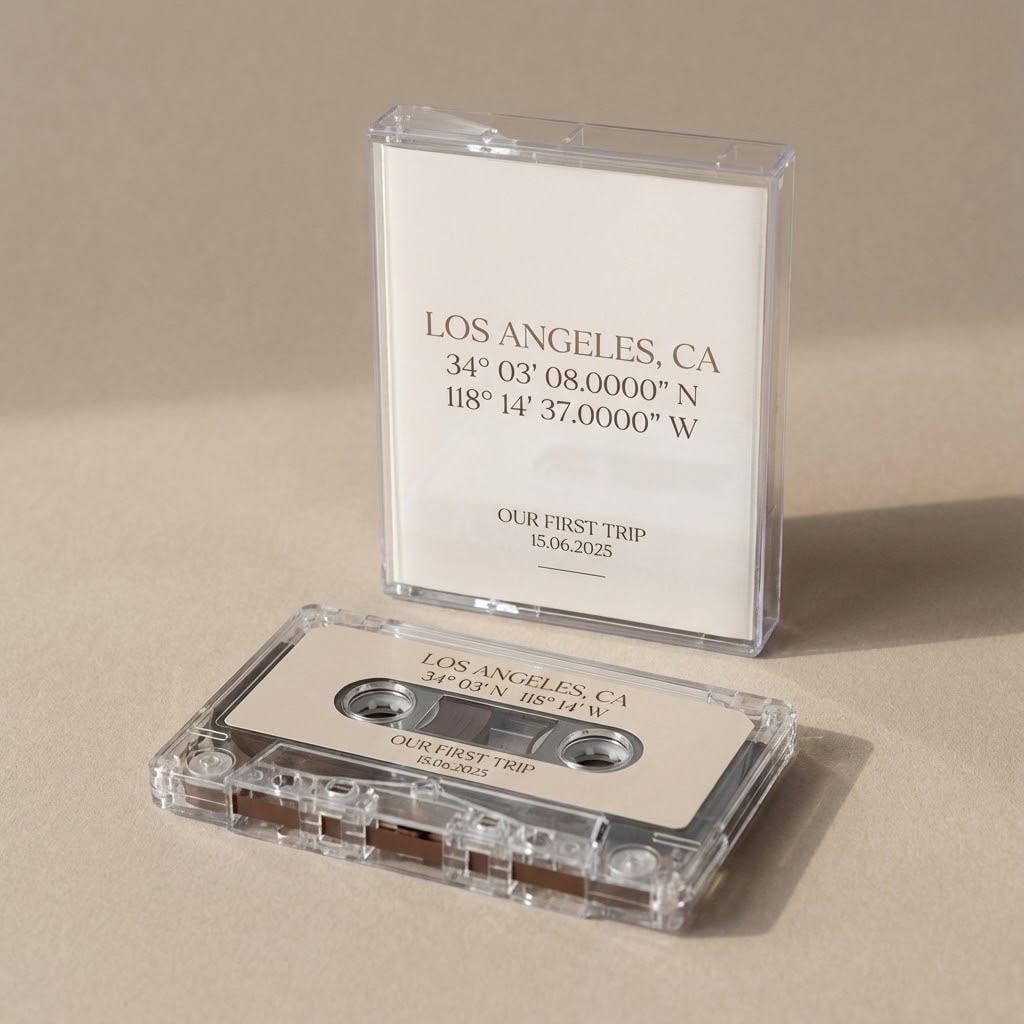 A cassette tape labeled "Los Angeles, CA 34° 03' 08.000' N 118° 14' 37,000'" and "OUR FIRST TRIP 15.06.2025" is placed next to a clear plastic case, both resting on a beige surface.