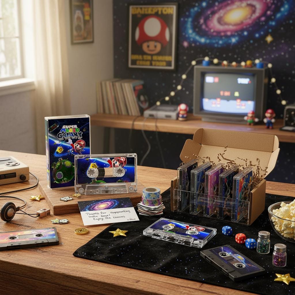 a collection of video game memorabilia, including a box of Super Mario Galaxy CDs, a Nintendo Wii console, and various other gaming accessories. The items are displayed on a wooden table, with a TV screen visible in the background. The overall setting appears to be a gaming-themed room or display.
