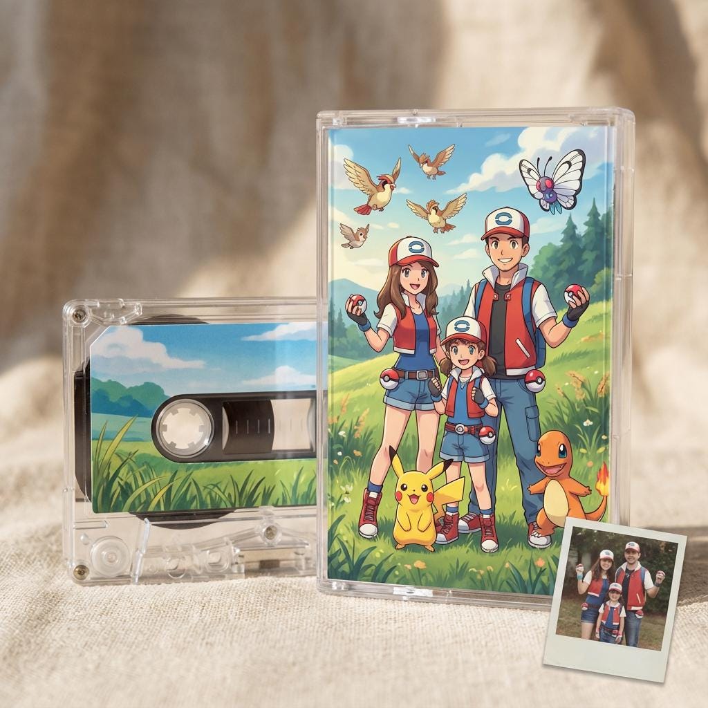 a cassette tape and a framed picture of a group of people, including Pokemon characters, standing in a grassy field with a butterfly in the background.