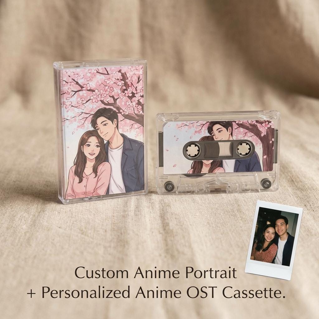 a custom anime portrait and a personalized anime ostr cassette, both placed on a beige background.