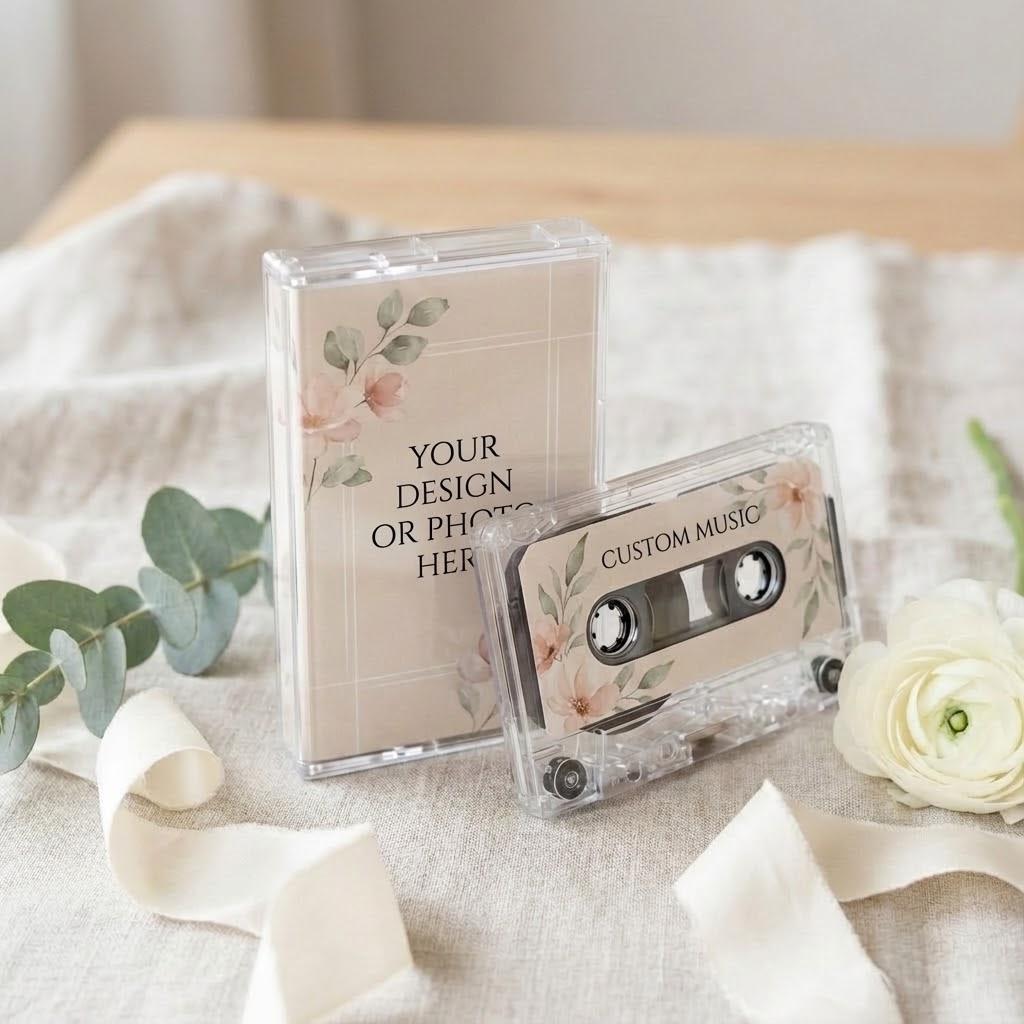 a clear cassette tape and a box with a floral design, placed on a white cloth with a white flower and some green leaves.