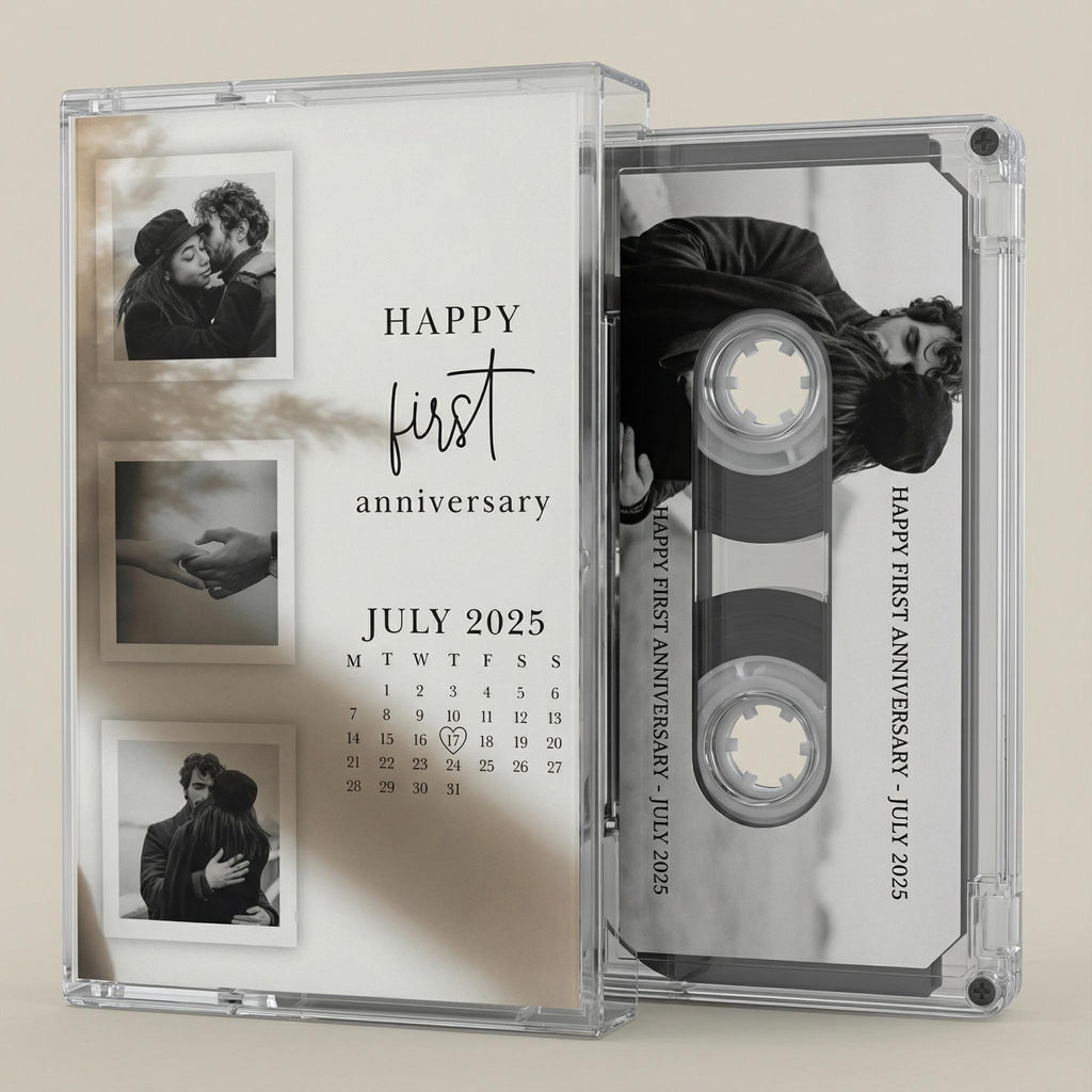 The image is a photo album or a CD case with a calendar and a cassette tape. The album has a photo of a couple embracing, and the cassette tape has a photo of a couple embracing. The album and cassette tape are both labeled as "Happy First Anniversary" and "July 25, 2015".