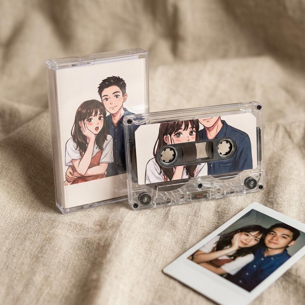a pair of cassette tapes and a Polaroid photo of a couple.