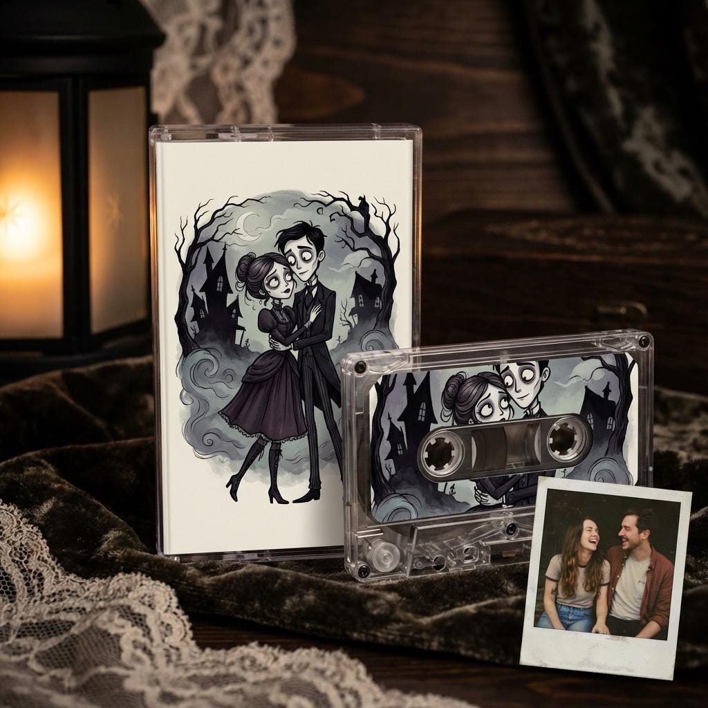 a cassette tape with an illustration of a couple embracing in a dark, spooky setting, along with a Polaroid photo of a couple smiling.