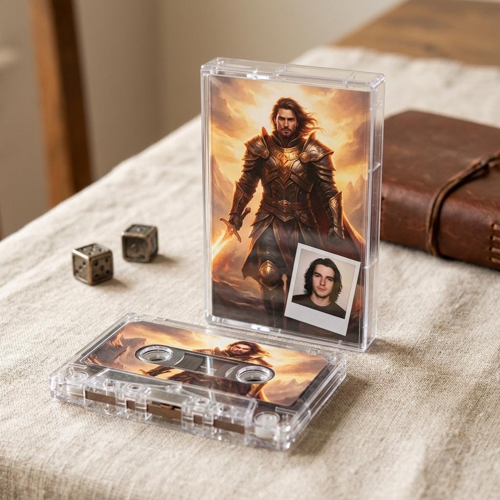 a cassette tape with a picture of a knight on it, along with a small photograph of a man. The cassette tape is placed on a table, and there are two dice and a leather-bound book visible in the scene.