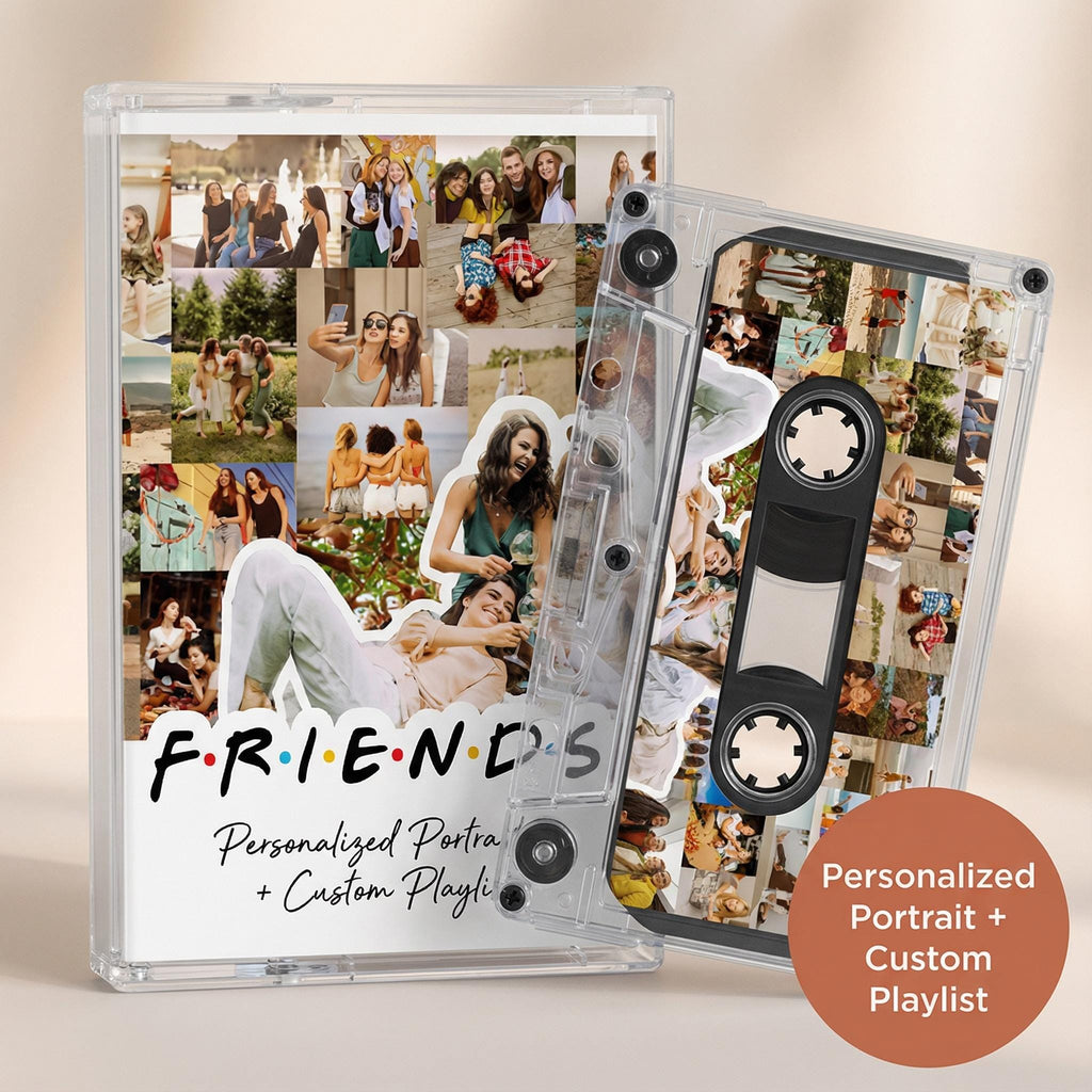 The image is a CD case for a personalized portrait and custom playlist, featuring a collage of various photos of people.
