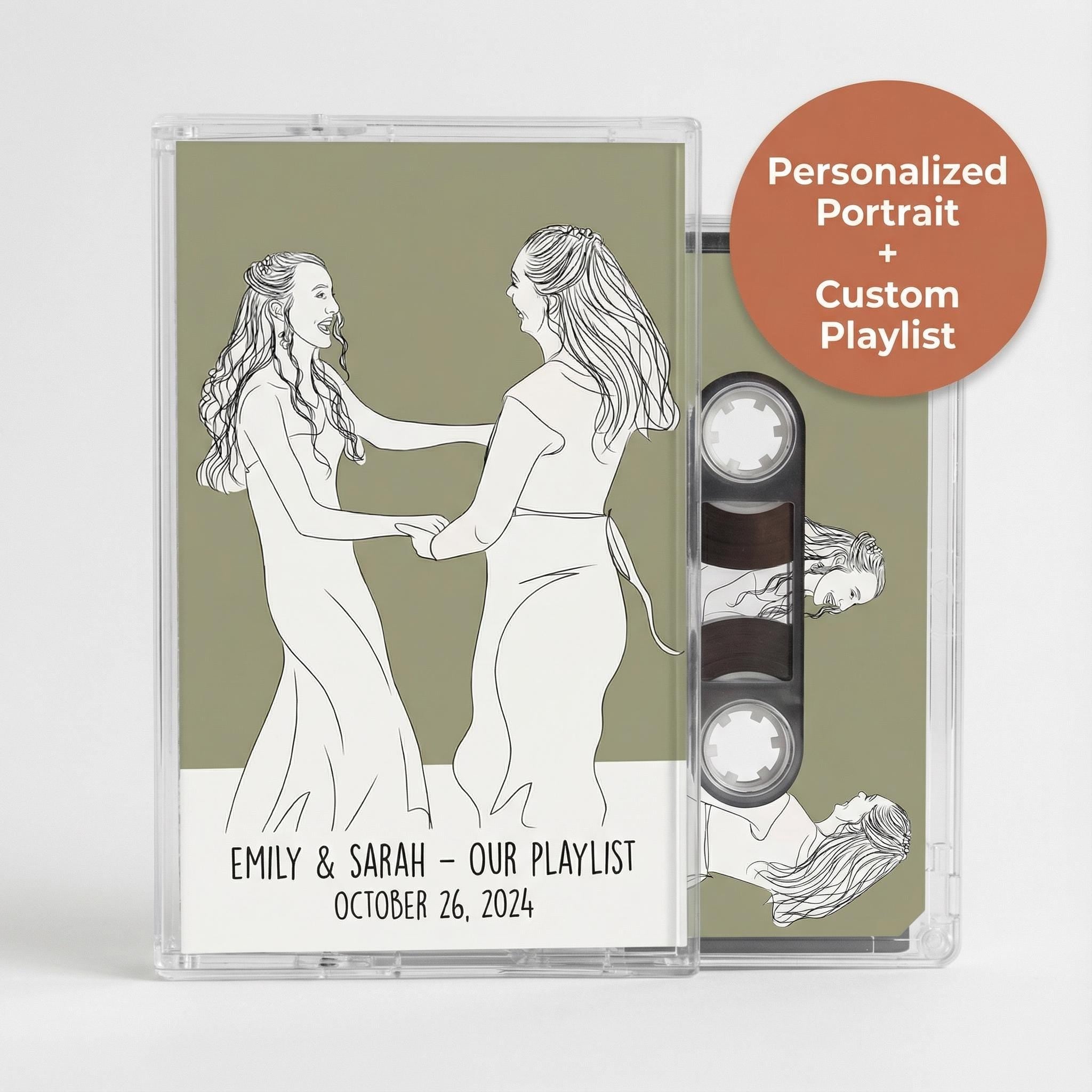 The image is a personalized portrait of two women, with a custom playlist of music playing in the background.