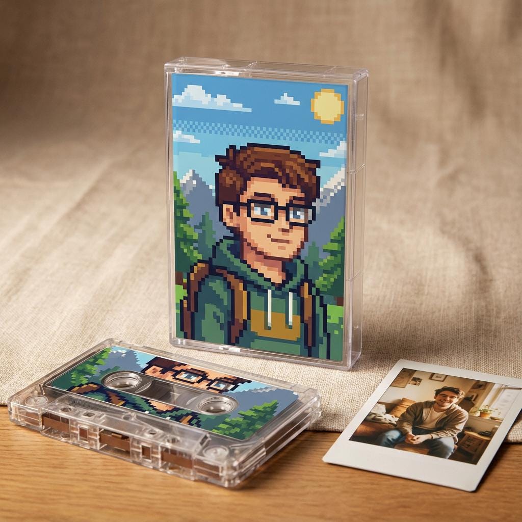 a cassette case with a pixel art design of a young man wearing glasses, and a photo of a person sitting on a couch next to the cassette case.