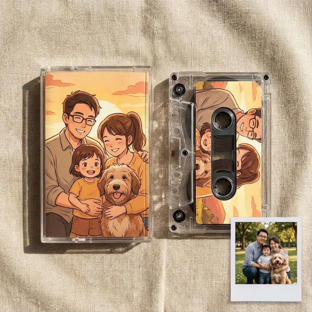 a family portrait of a man, woman, and child, along with a cassette tape and a Polaroid photo of a family posing together outdoors.