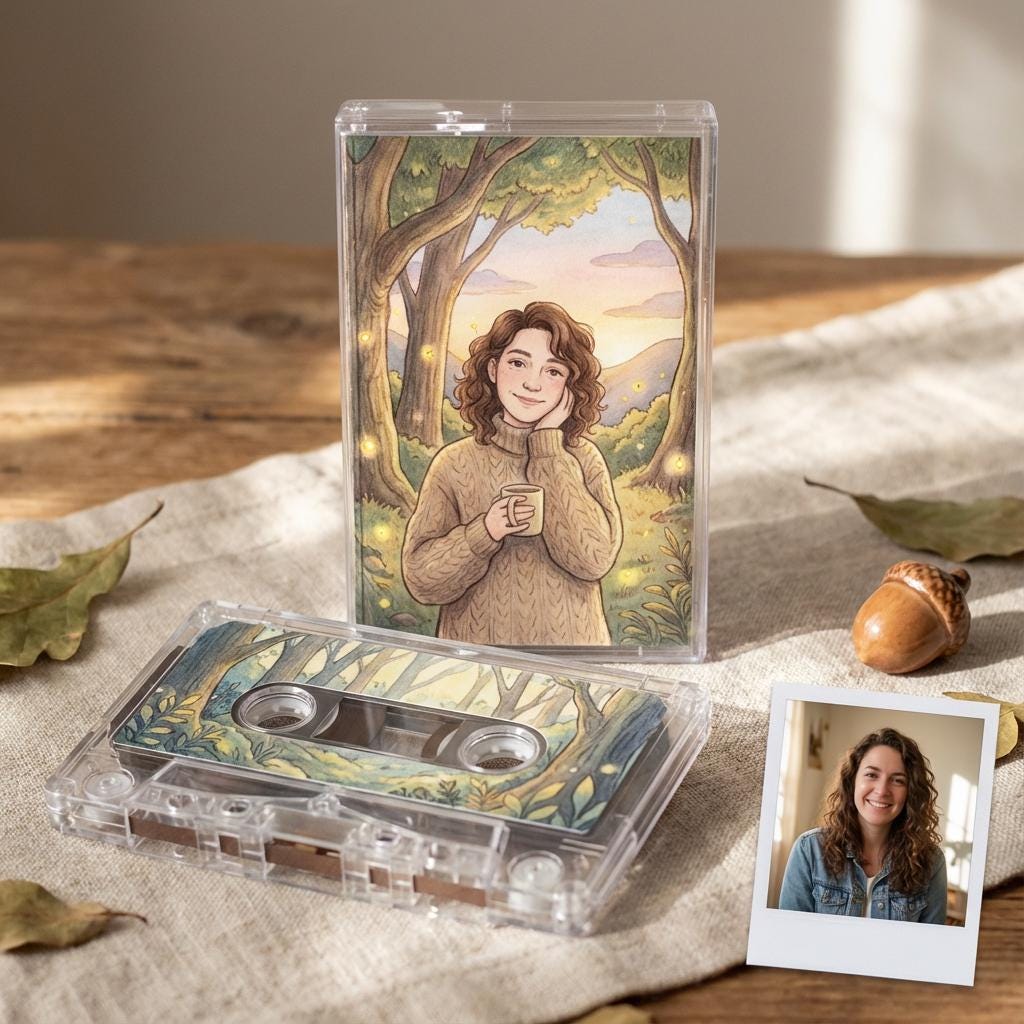 a framed illustration of a woman in a sweater, a cassette tape, and a Polaroid photo of a woman smiling.