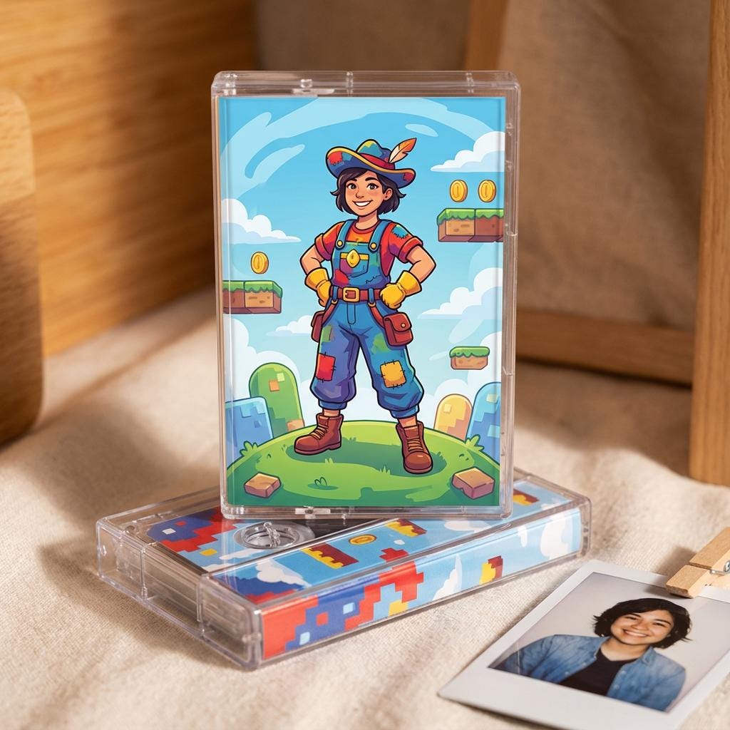 a colorful illustration of a character standing on a grassy hill with a castle in the background, surrounded by clouds.