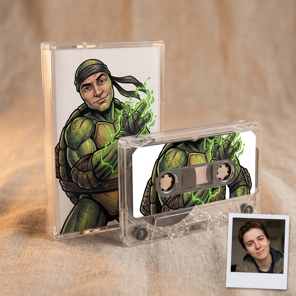 a cassette case with an illustration of a character wearing a green outfit and holding a green object, and a smaller image of a person's face next to the cassette case.