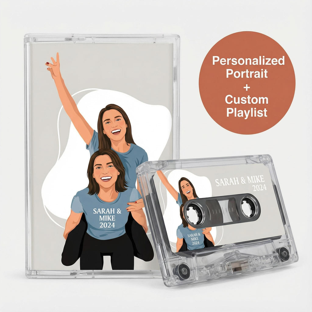 a personalized portrait of two women, along with a custom playlist, likely for a wedding or special event.