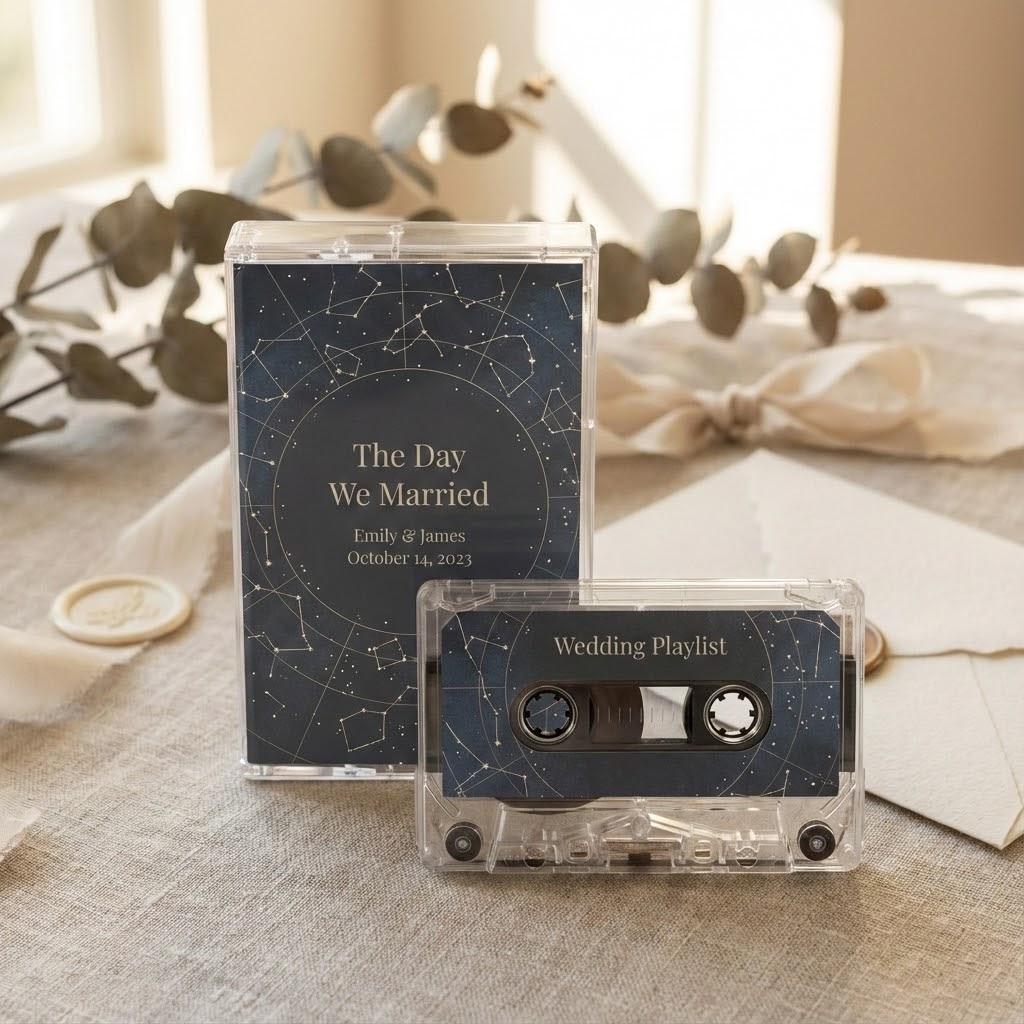a black and blue album titled "The Day We Married" and a clear cassette tape labeled "Wedding Playlist" placed on a table with some greenery and a candle in the background.